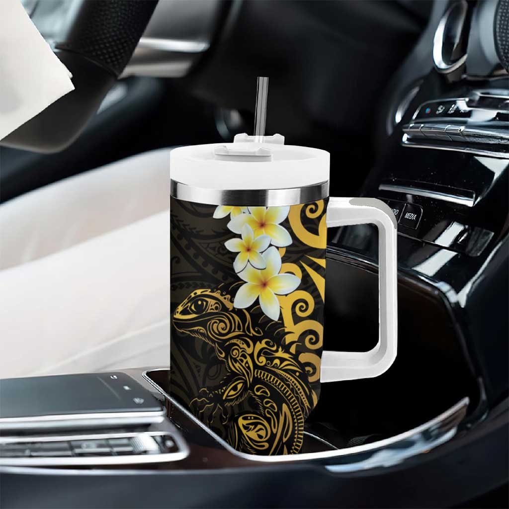 New Zealand Tuatara Plumeria Tumbler With Handle Maori Gold Koru Tribal Tattoo LT01 - Polynesian Pride