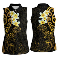 New Zealand Tuatara Plumeria Women Sleeveless Polo Shirt Maori Gold Koru Tribal Tattoo