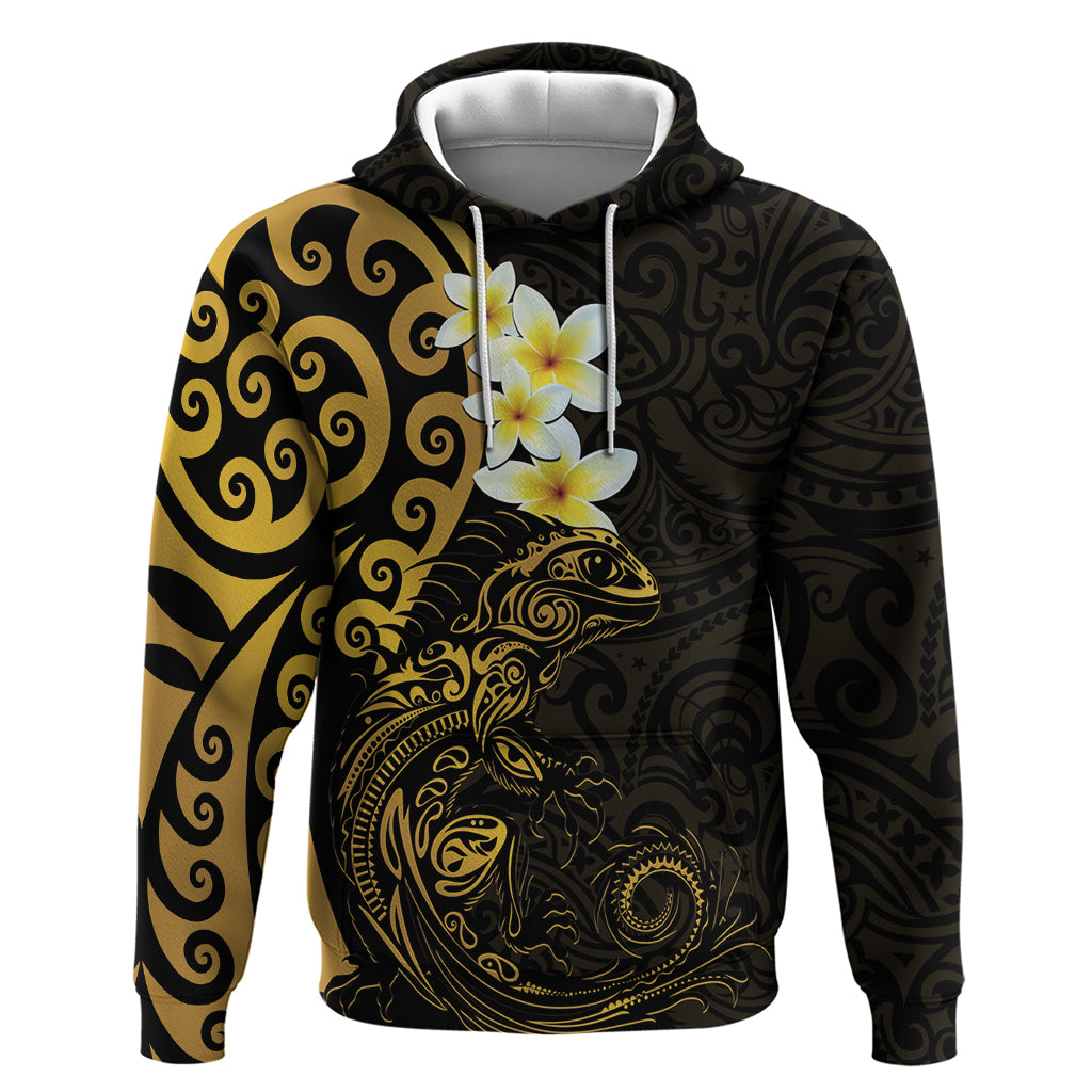 New Zealand Tuatara Plumeria Zip Hoodie Maori Gold Koru Tribal Tattoo LT01 Pullover Hoodie Gold - Polynesian Pride