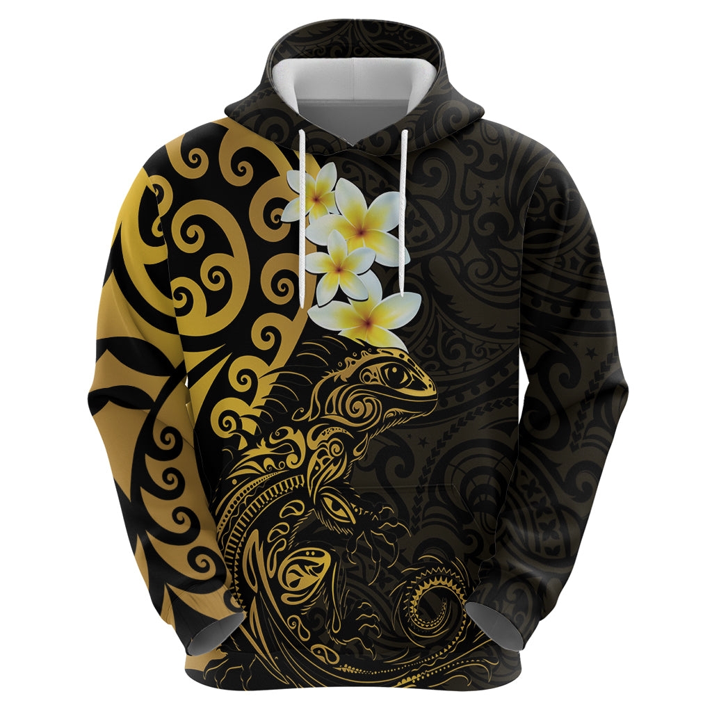 New Zealand Tuatara Plumeria Zip Hoodie Maori Gold Koru Tribal Tattoo LT01 - Polynesian Pride