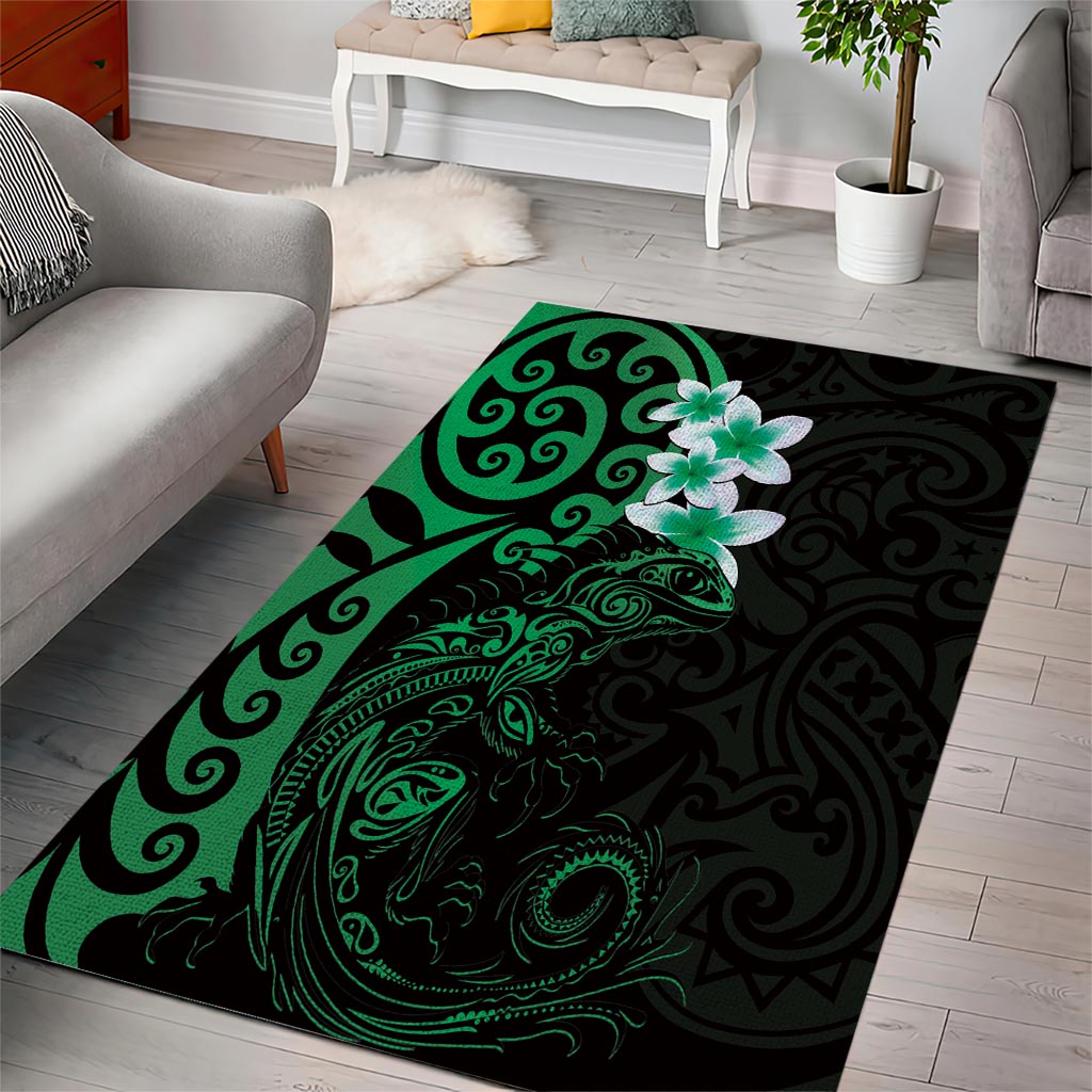 New Zealand Tuatara Plumeria Area Rug Maori Green Koru Tribal Tattoo LT01 - Polynesian Pride