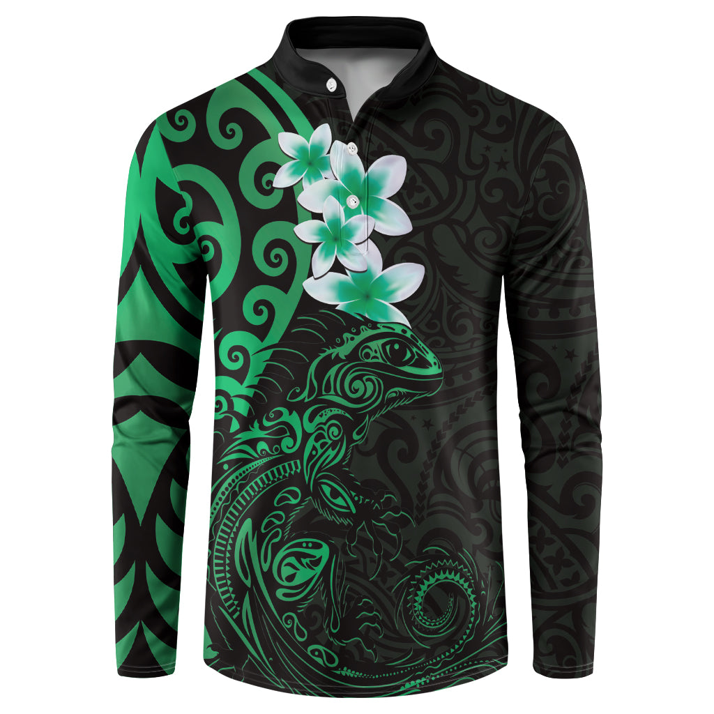 New Zealand Tuatara Plumeria Button Sweatshirt Maori Green Koru Tribal Tattoo