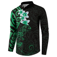 New Zealand Tuatara Plumeria Button Sweatshirt Maori Green Koru Tribal Tattoo