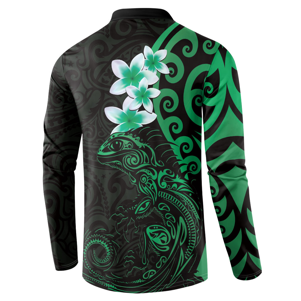 New Zealand Tuatara Plumeria Button Sweatshirt Maori Green Koru Tribal Tattoo
