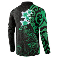 New Zealand Tuatara Plumeria Button Sweatshirt Maori Green Koru Tribal Tattoo