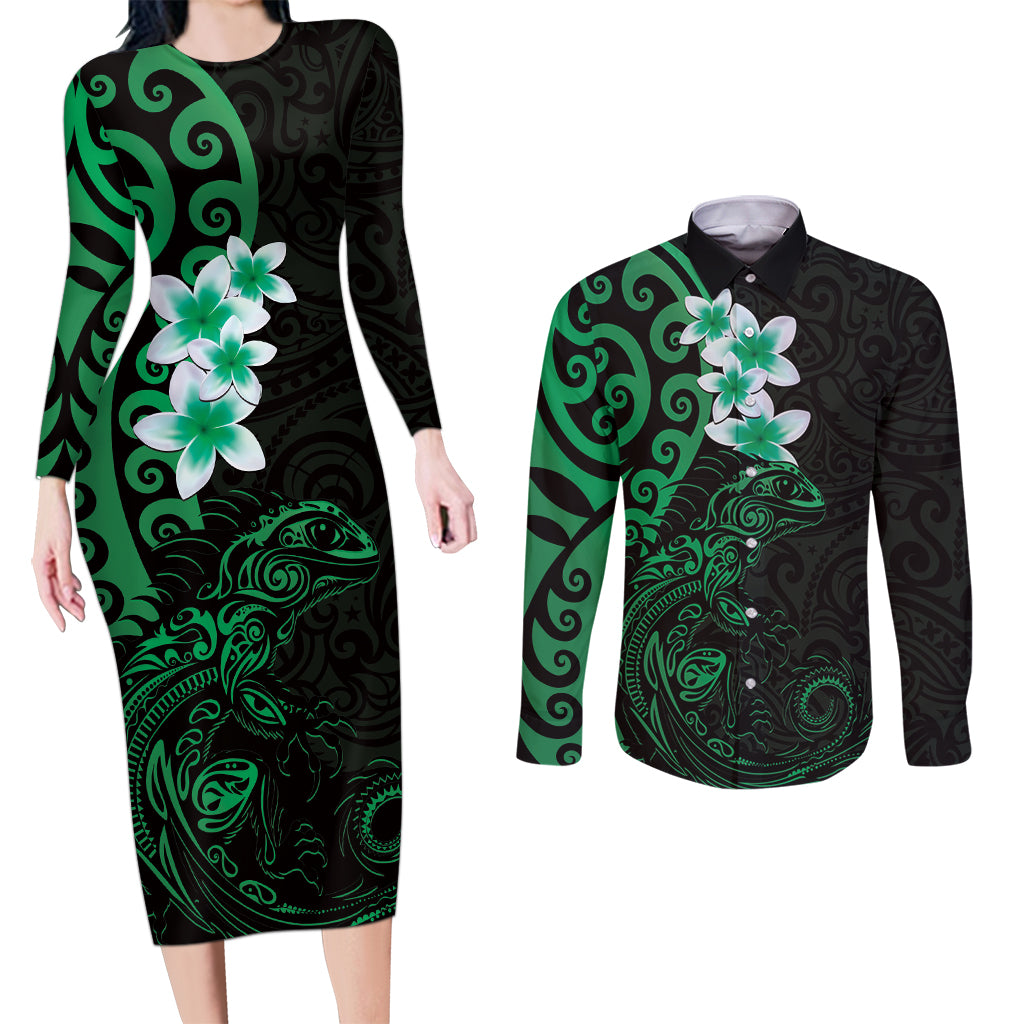 New Zealand Tuatara Plumeria Couples Matching Long Sleeve Bodycon Dress and Long Sleeve Button Shirt Maori Green Koru Tribal Tattoo LT01 Green - Polynesian Pride
