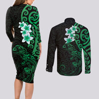 New Zealand Tuatara Plumeria Couples Matching Long Sleeve Bodycon Dress and Long Sleeve Button Shirt Maori Green Koru Tribal Tattoo LT01 - Polynesian Pride