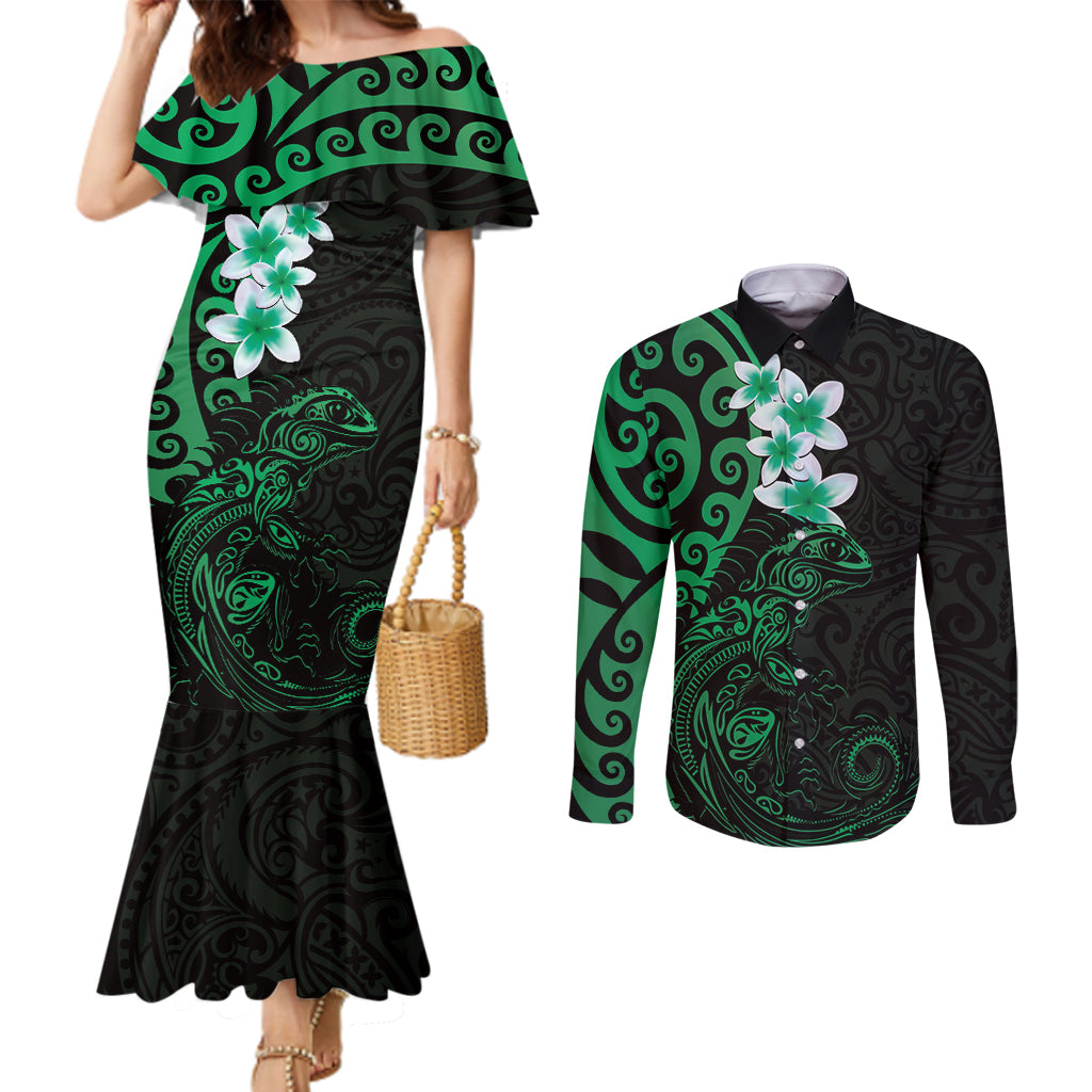 New Zealand Tuatara Plumeria Couples Matching Mermaid Dress and Long Sleeve Button Shirt Maori Green Koru Tribal Tattoo LT01 Green - Polynesian Pride