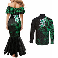 New Zealand Tuatara Plumeria Couples Matching Mermaid Dress and Long Sleeve Button Shirt Maori Green Koru Tribal Tattoo LT01 - Polynesian Pride