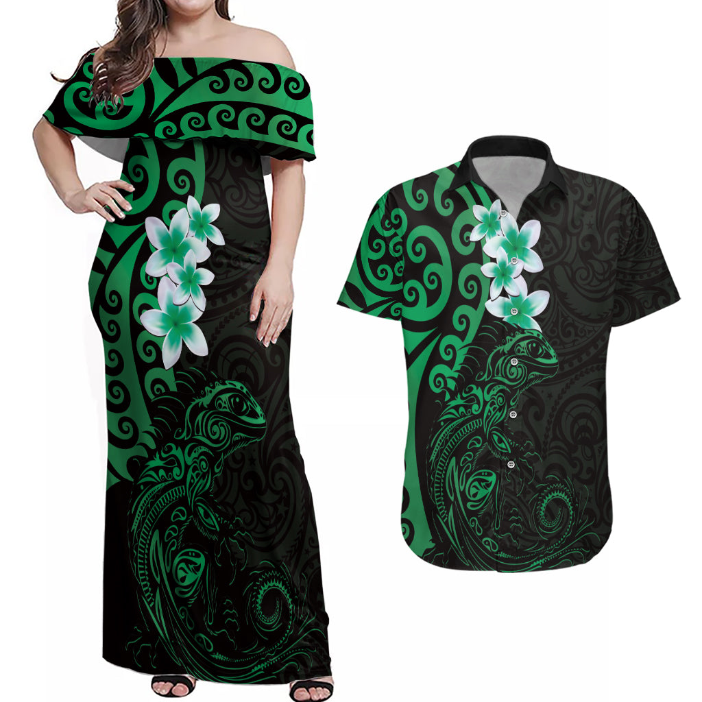 New Zealand Tuatara Plumeria Couples Matching Off Shoulder Maxi Dress and Hawaiian Shirt Maori Green Koru Tribal Tattoo LT01 Green - Polynesian Pride