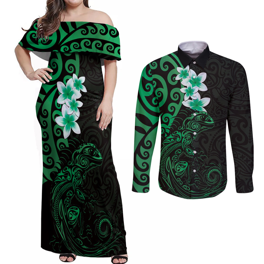 New Zealand Tuatara Plumeria Couples Matching Off Shoulder Maxi Dress and Long Sleeve Button Shirt Maori Green Koru Tribal Tattoo LT01 Green - Polynesian Pride