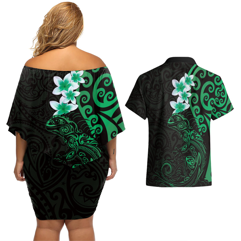 New Zealand Tuatara Plumeria Couples Matching Off Shoulder Short Dress and Hawaiian Shirt Maori Green Koru Tribal Tattoo LT01 - Polynesian Pride