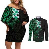New Zealand Tuatara Plumeria Couples Matching Off Shoulder Short Dress and Long Sleeve Button Shirt Maori Green Koru Tribal Tattoo LT01 Green - Polynesian Pride