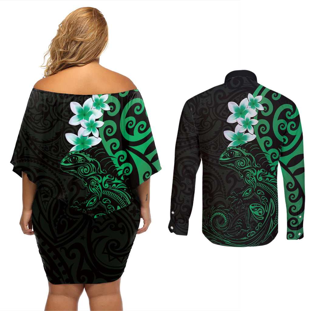 New Zealand Tuatara Plumeria Couples Matching Off Shoulder Short Dress and Long Sleeve Button Shirt Maori Green Koru Tribal Tattoo LT01 - Polynesian Pride