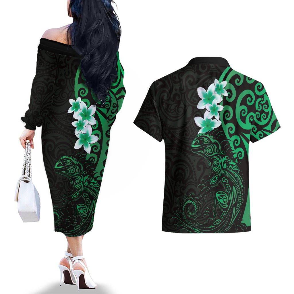New Zealand Tuatara Plumeria Couples Matching Off The Shoulder Long Sleeve Dress and Hawaiian Shirt Maori Green Koru Tribal Tattoo LT01 - Polynesian Pride