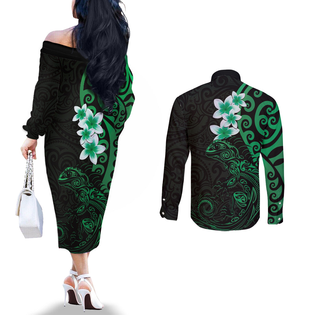 New Zealand Tuatara Plumeria Couples Matching Off The Shoulder Long Sleeve Dress and Long Sleeve Button Shirt Maori Green Koru Tribal Tattoo LT01 - Polynesian Pride