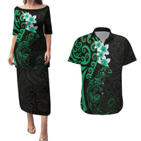 New Zealand Tuatara Plumeria Couples Matching Puletasi and Hawaiian Shirt Maori Green Koru Tribal Tattoo LT01 Green - Polynesian Pride