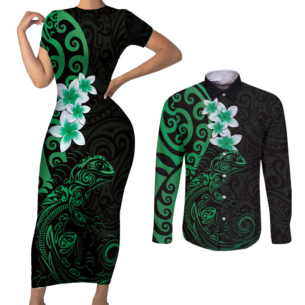 New Zealand Tuatara Plumeria Couples Matching Short Sleeve Bodycon Dress and Long Sleeve Button Shirt Maori Green Koru Tribal Tattoo LT01 Green - Polynesian Pride