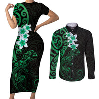 New Zealand Tuatara Plumeria Couples Matching Short Sleeve Bodycon Dress and Long Sleeve Button Shirt Maori Green Koru Tribal Tattoo LT01 Green - Polynesian Pride