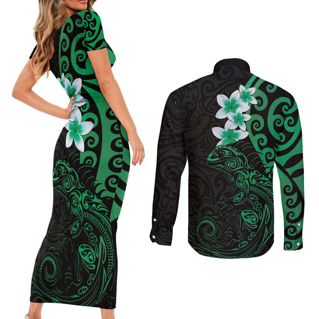 New Zealand Tuatara Plumeria Couples Matching Short Sleeve Bodycon Dress and Long Sleeve Button Shirt Maori Green Koru Tribal Tattoo LT01 - Polynesian Pride
