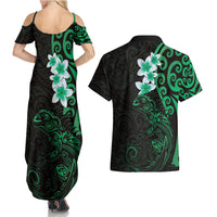 New Zealand Tuatara Plumeria Couples Matching Summer Maxi Dress and Hawaiian Shirt Maori Green Koru Tribal Tattoo LT01 - Polynesian Pride