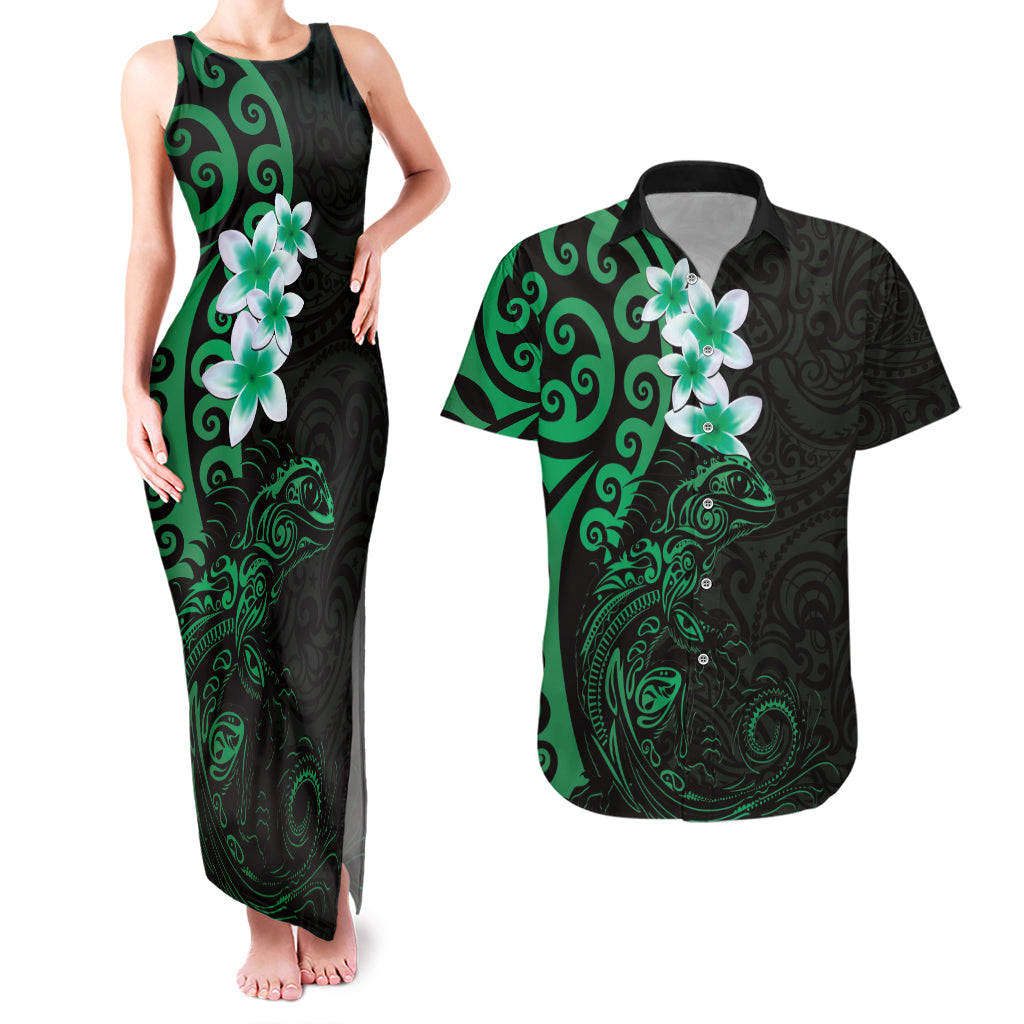 New Zealand Tuatara Plumeria Couples Matching Tank Maxi Dress and Hawaiian Shirt Maori Green Koru Tribal Tattoo