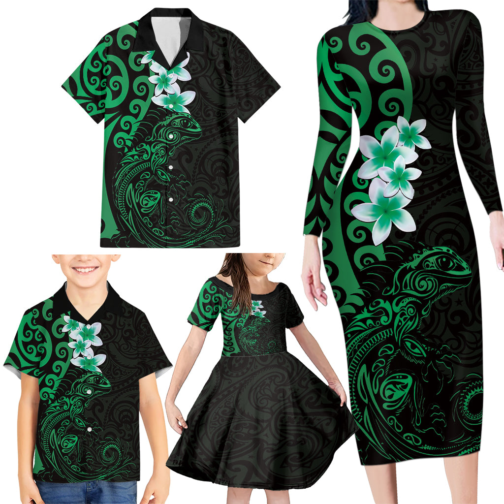 New Zealand Tuatara Plumeria Family Matching Long Sleeve Bodycon Dress and Hawaiian Shirt Maori Green Koru Tribal Tattoo LT01 - Polynesian Pride