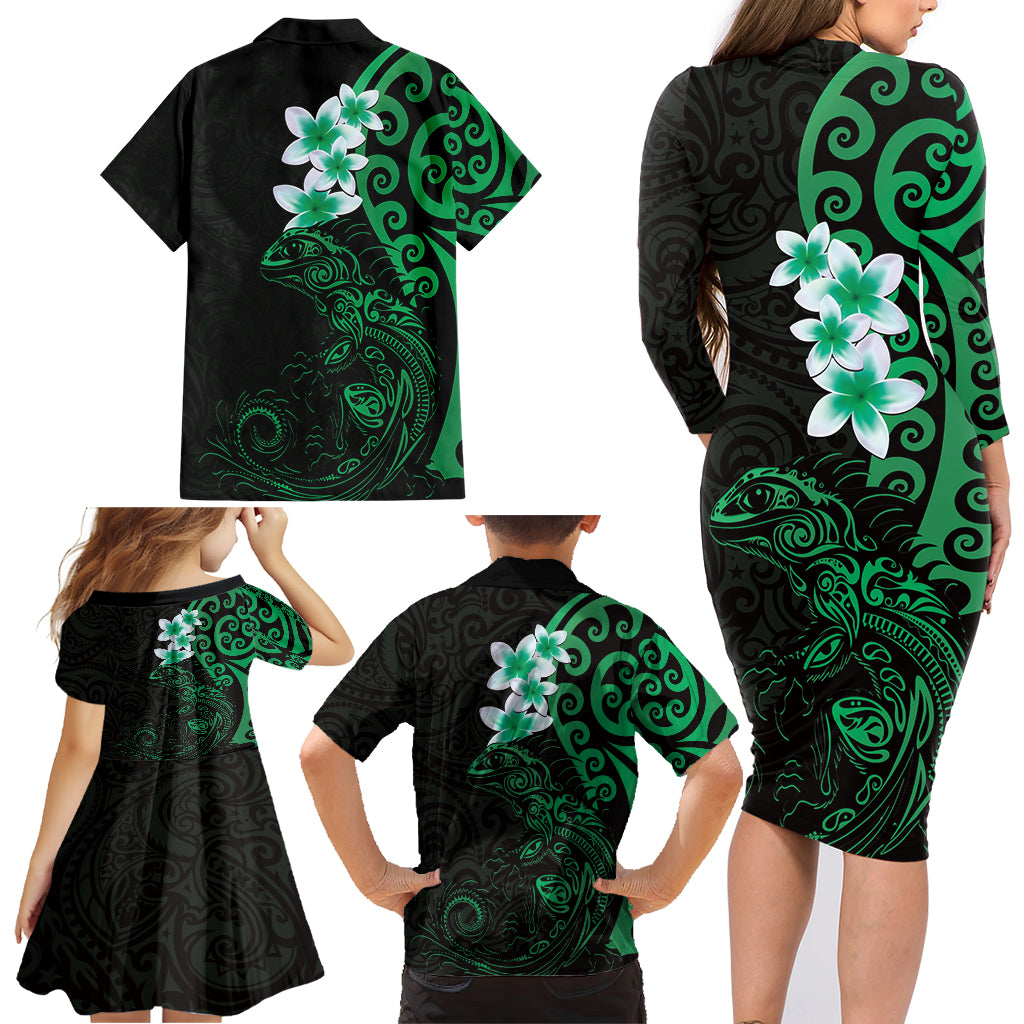 New Zealand Tuatara Plumeria Family Matching Long Sleeve Bodycon Dress and Hawaiian Shirt Maori Green Koru Tribal Tattoo LT01 - Polynesian Pride