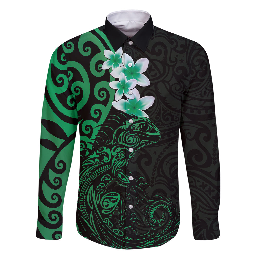 New Zealand Tuatara Plumeria Family Matching Mermaid Dress and Hawaiian Shirt Maori Green Koru Tribal Tattoo LT01 Dad's Shirt - Long Sleeve Green - Polynesian Pride