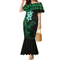 New Zealand Tuatara Plumeria Family Matching Mermaid Dress and Hawaiian Shirt Maori Green Koru Tribal Tattoo LT01 Mom's Dress Green - Polynesian Pride