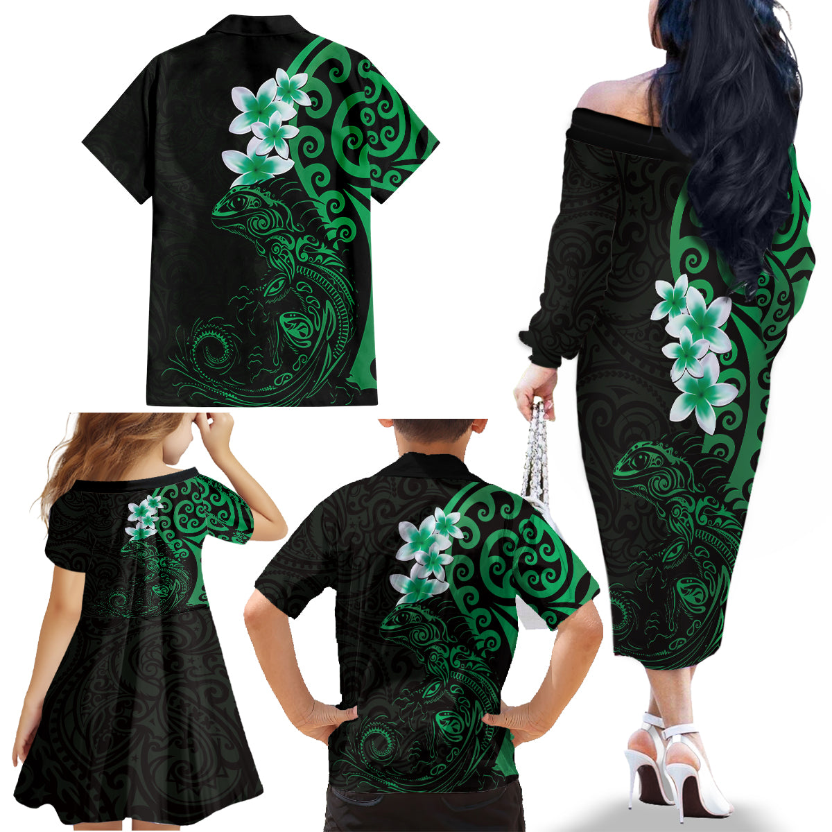 New Zealand Tuatara Plumeria Family Matching Off The Shoulder Long Sleeve Dress and Hawaiian Shirt Maori Green Koru Tribal Tattoo LT01 - Polynesian Pride