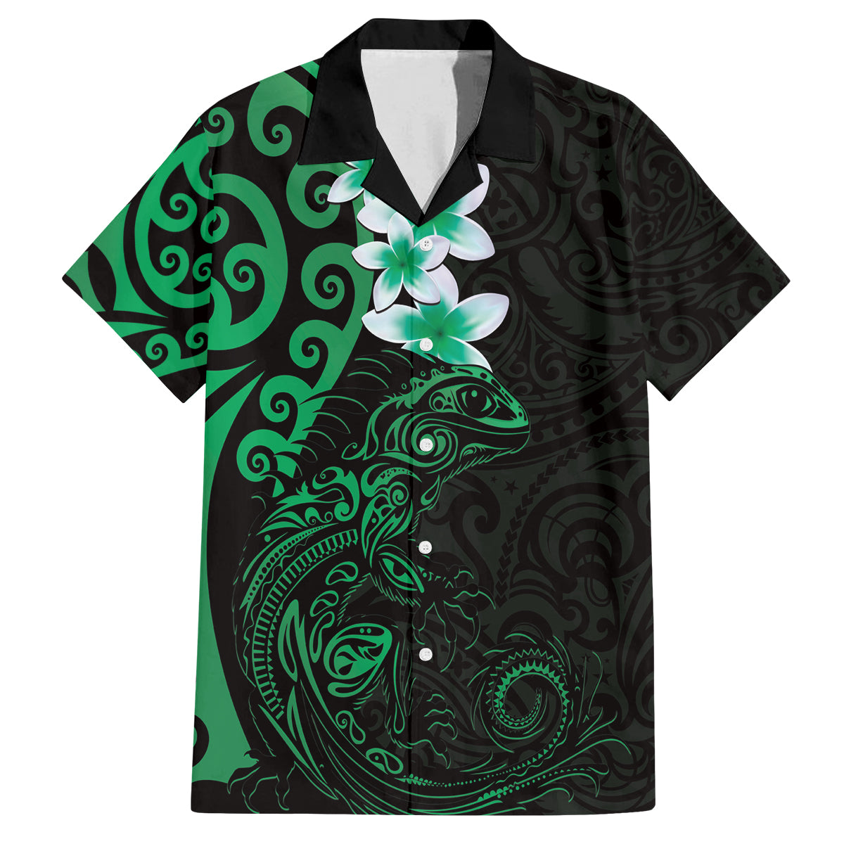 New Zealand Tuatara Plumeria Family Matching Off The Shoulder Long Sleeve Dress and Hawaiian Shirt Maori Green Koru Tribal Tattoo LT01 Dad's Shirt - Short Sleeve Green - Polynesian Pride