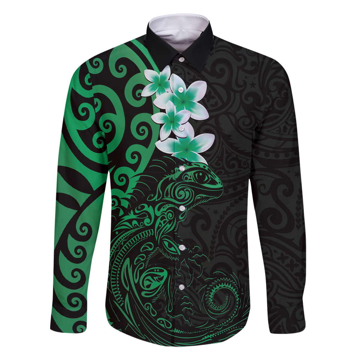 New Zealand Tuatara Plumeria Family Matching Off The Shoulder Long Sleeve Dress and Hawaiian Shirt Maori Green Koru Tribal Tattoo LT01 Dad's Shirt - Long Sleeve Green - Polynesian Pride