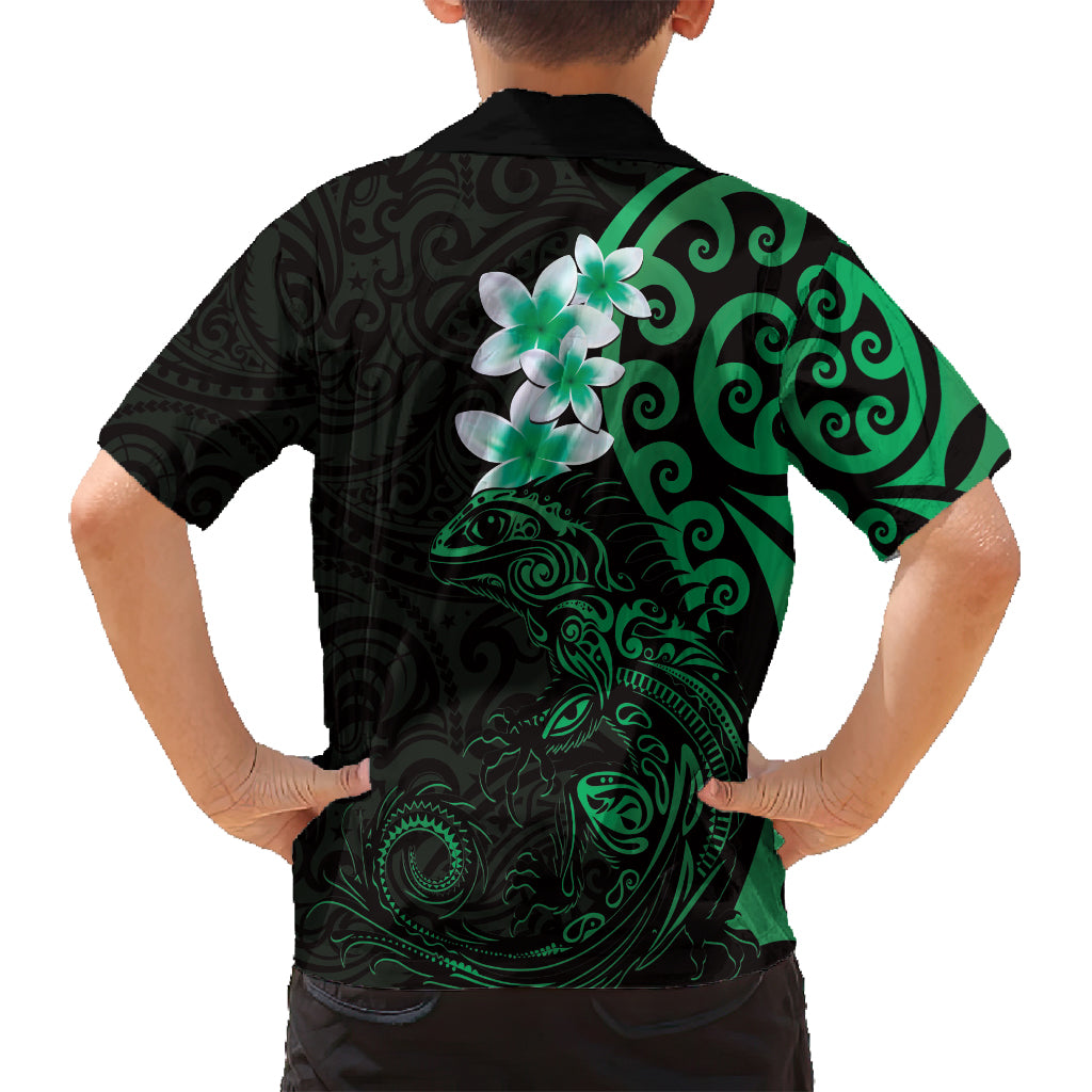 New Zealand Tuatara Plumeria Family Matching Off Shoulder Short Dress and Hawaiian Shirt Maori Green Koru Tribal Tattoo LT01 - Polynesian Pride