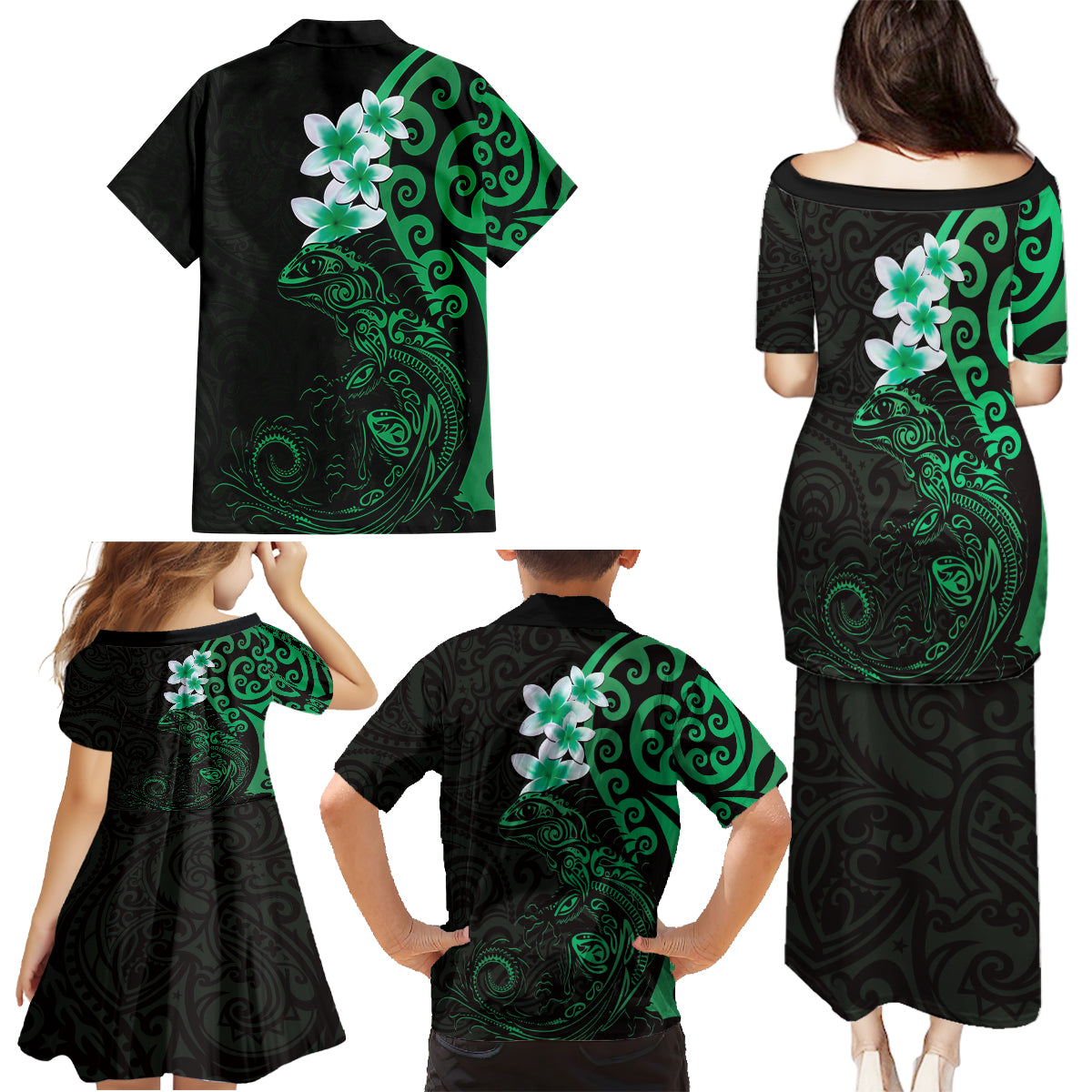 New Zealand Tuatara Plumeria Family Matching Puletasi and Hawaiian Shirt Maori Green Koru Tribal Tattoo LT01 - Polynesian Pride
