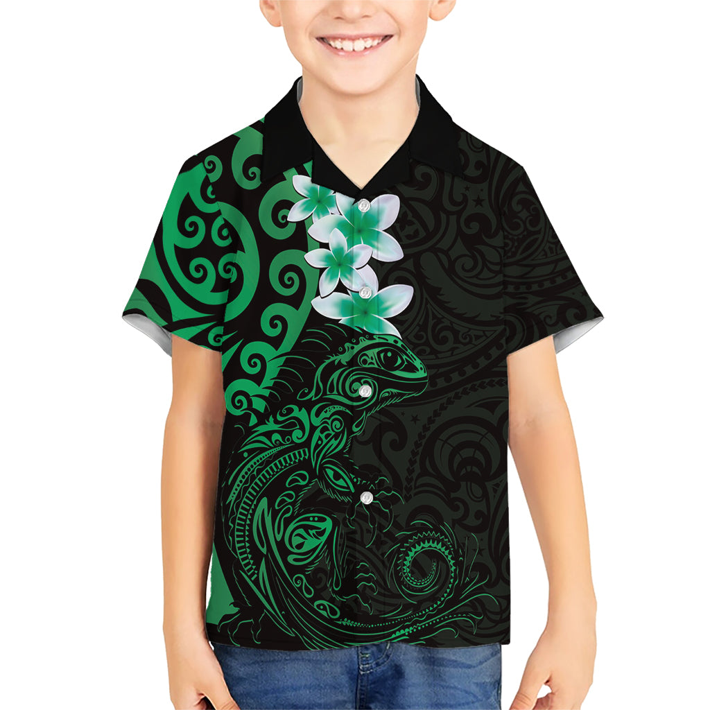 New Zealand Tuatara Plumeria Family Matching Short Sleeve Bodycon Dress and Hawaiian Shirt Maori Green Koru Tribal Tattoo LT01 Son's Shirt Green - Polynesian Pride