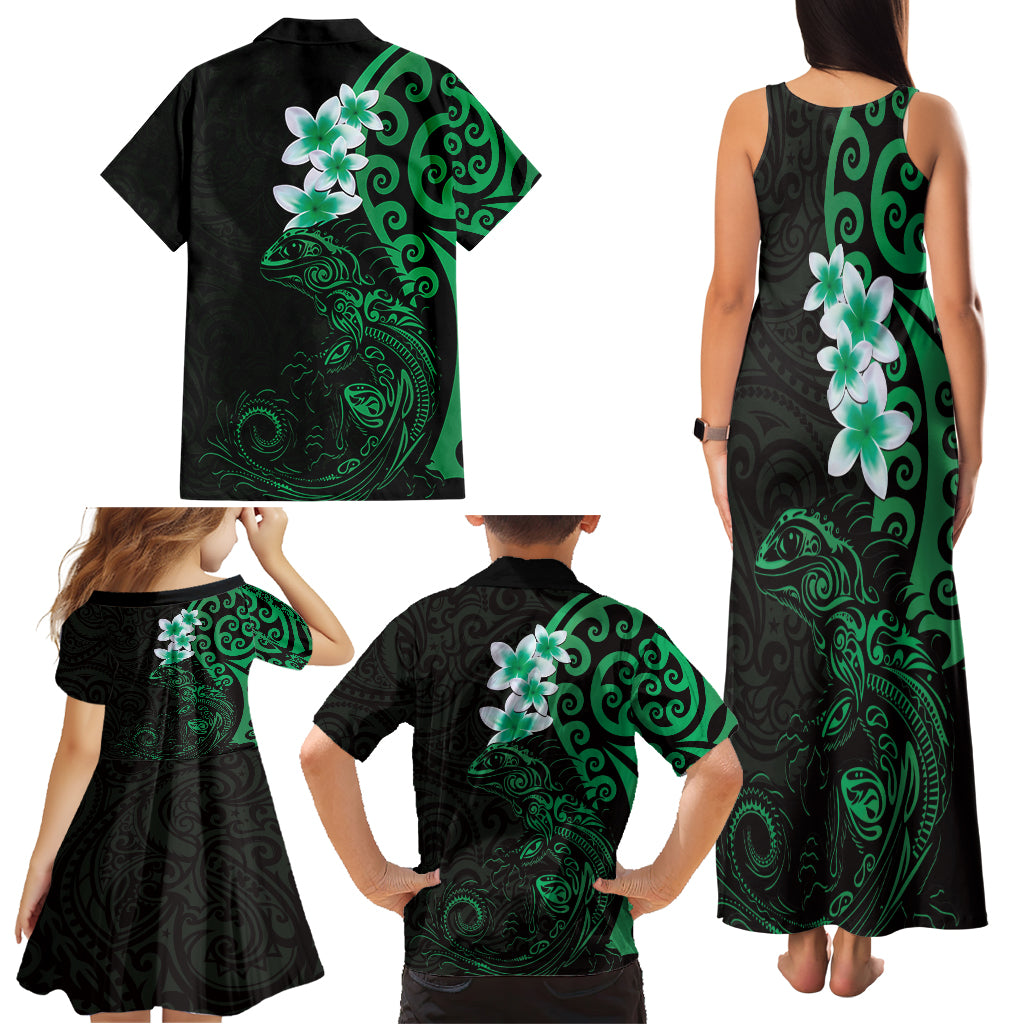 New Zealand Tuatara Plumeria Family Matching Tank Maxi Dress and Hawaiian Shirt Maori Green Koru Tribal Tattoo LT01 - Polynesian Pride