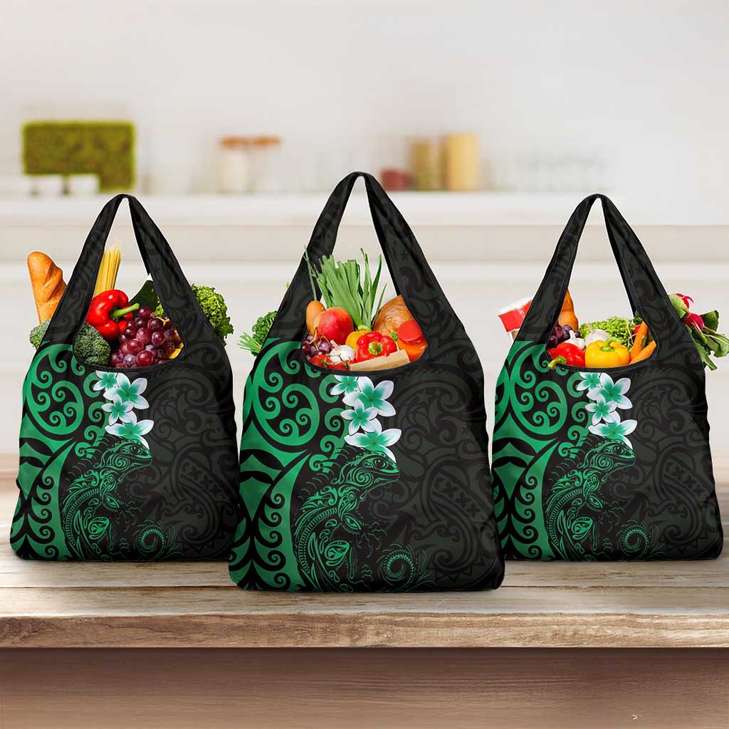 New Zealand Tuatara Plumeria Grocery Bag Maori Green Koru Tribal Tattoo LT01 3-pack One Size Green - Polynesian Pride