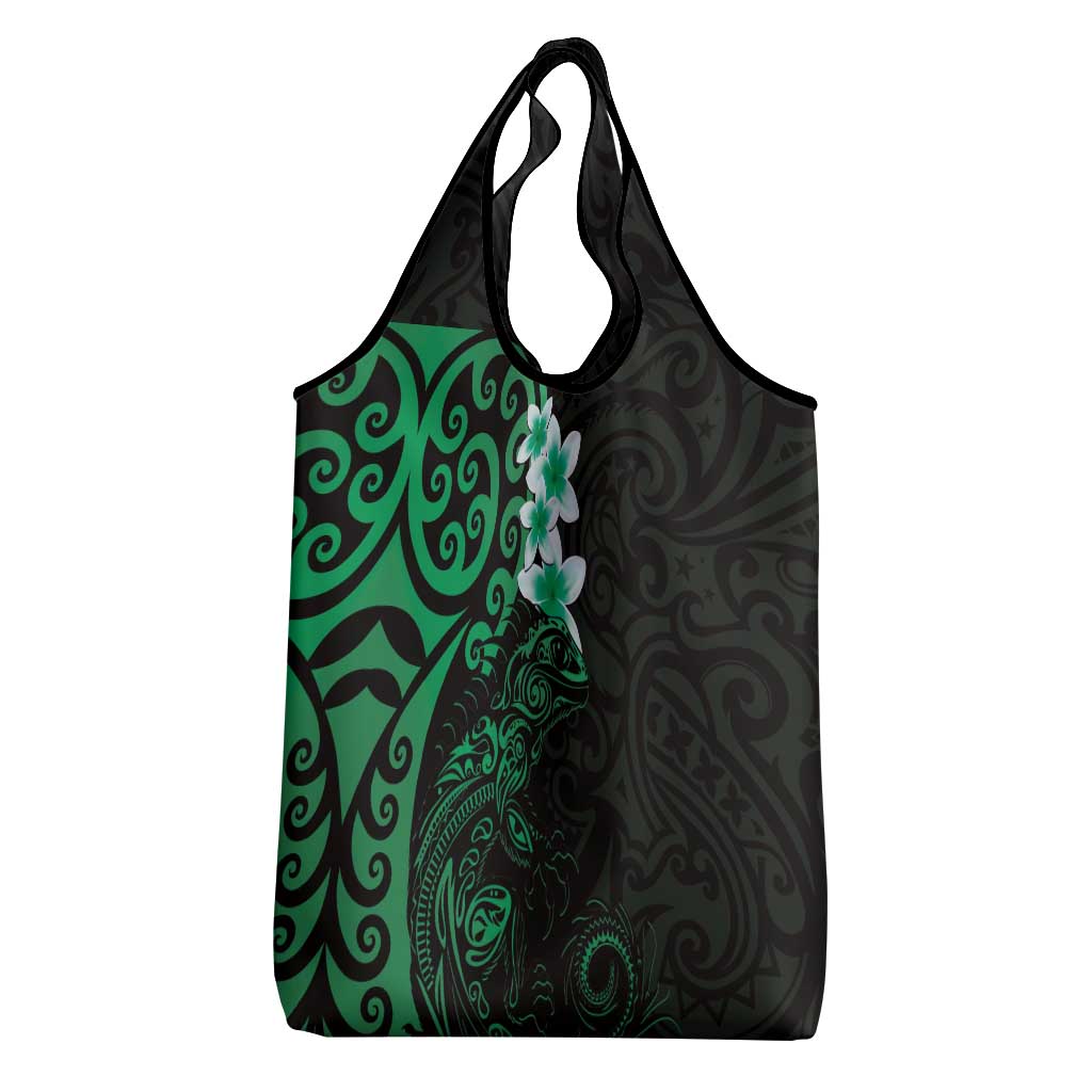 New Zealand Tuatara Plumeria Grocery Bag Maori Green Koru Tribal Tattoo LT01 - Polynesian Pride