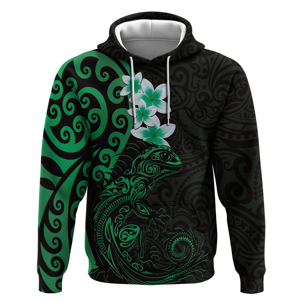 New Zealand Tuatara Plumeria Hoodie Maori Green Koru Tribal Tattoo LT01 Pullover Hoodie Green - Polynesian Pride
