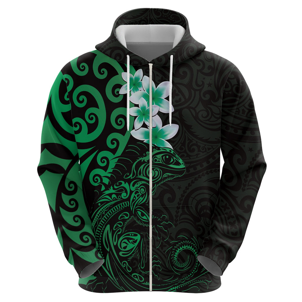 New Zealand Tuatara Plumeria Hoodie Maori Green Koru Tribal Tattoo LT01 - Polynesian Pride