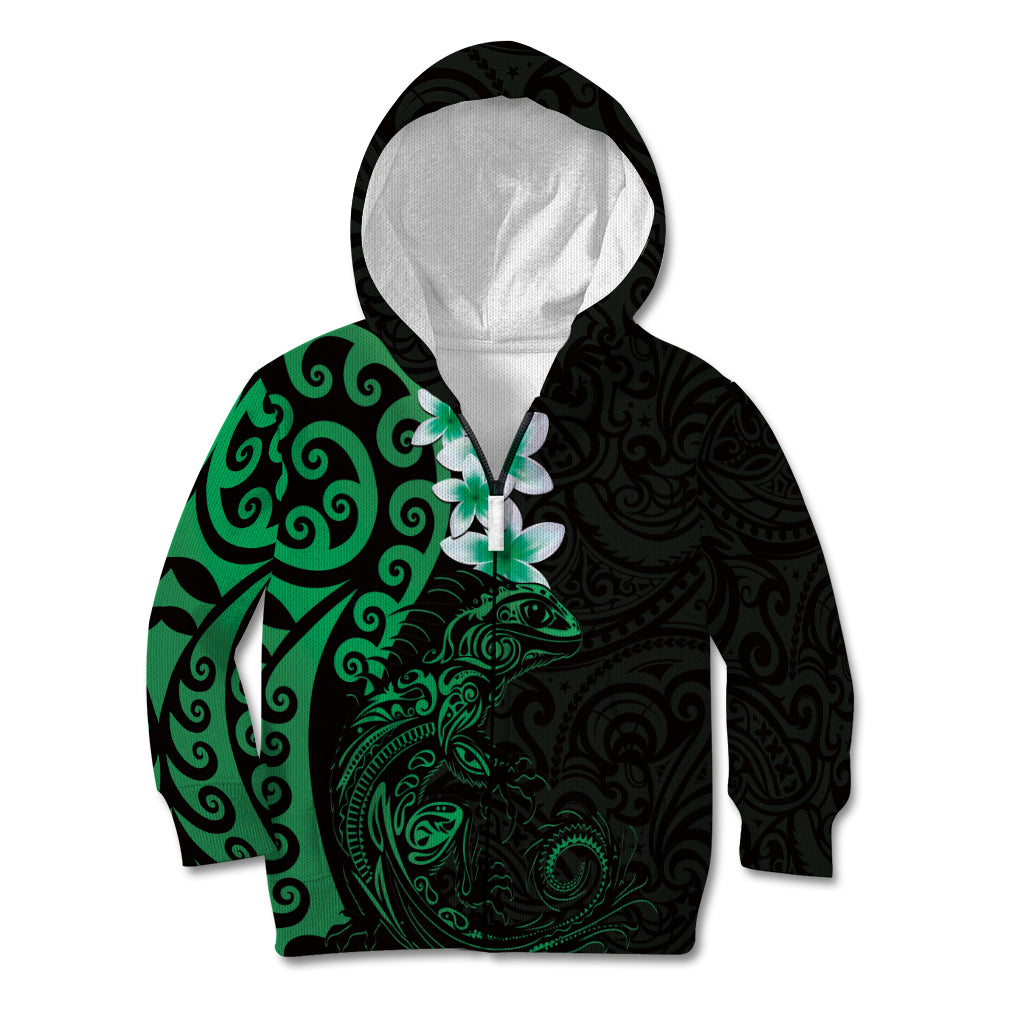 New Zealand Tuatara Plumeria Kid Hoodie Maori Green Koru Tribal Tattoo LT01 Zip Hoodie Green - Polynesian Pride