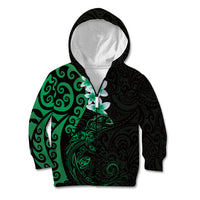 New Zealand Tuatara Plumeria Kid Hoodie Maori Green Koru Tribal Tattoo LT01 Zip Hoodie Green - Polynesian Pride