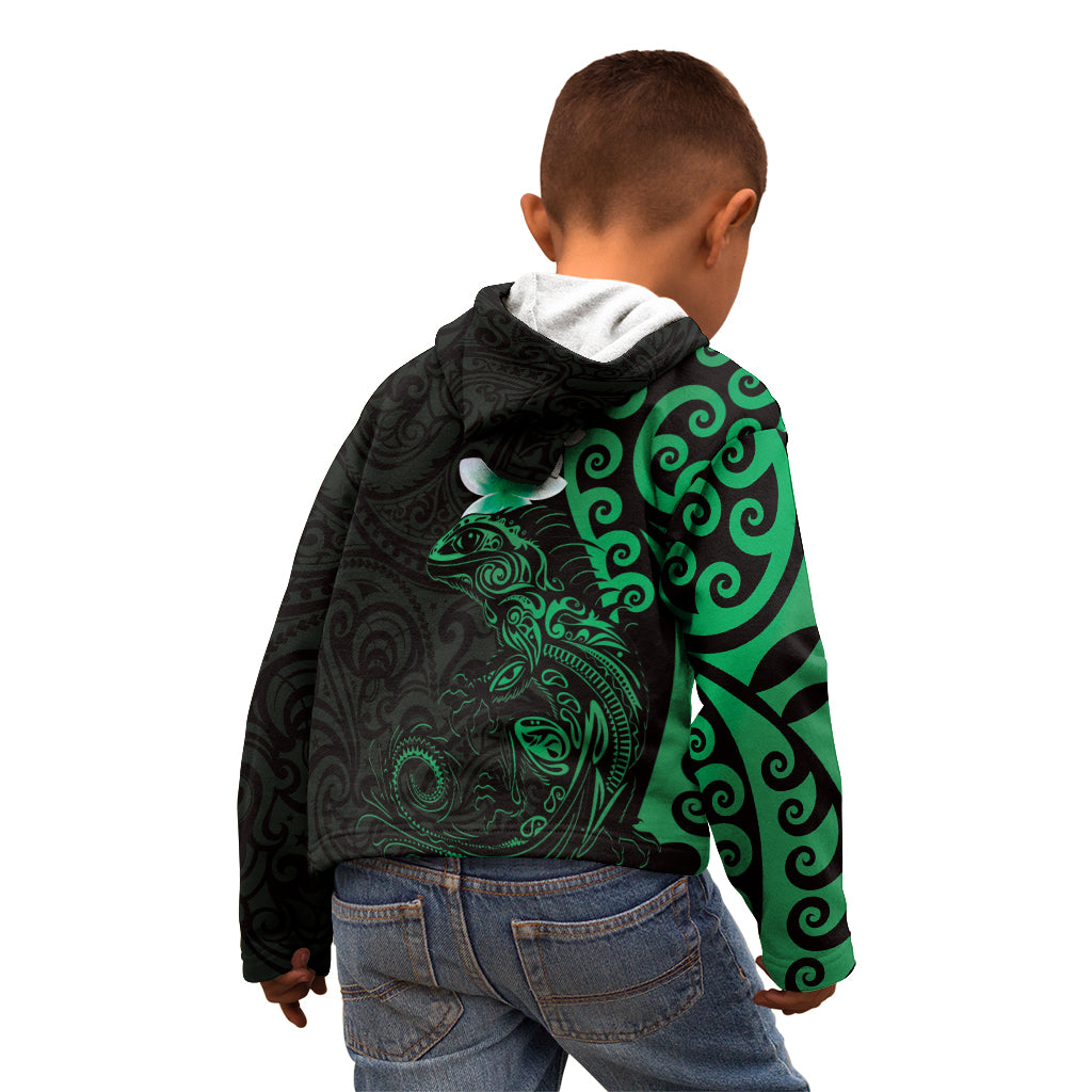 New Zealand Tuatara Plumeria Kid Hoodie Maori Green Koru Tribal Tattoo LT01 - Polynesian Pride