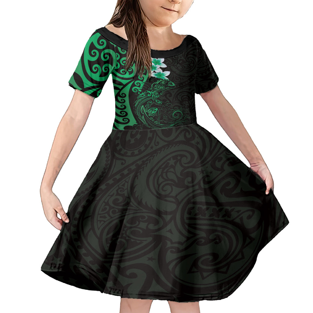 New Zealand Tuatara Plumeria Kid Short Sleeve Dress Maori Green Koru Tribal Tattoo LT01 KID Green - Polynesian Pride