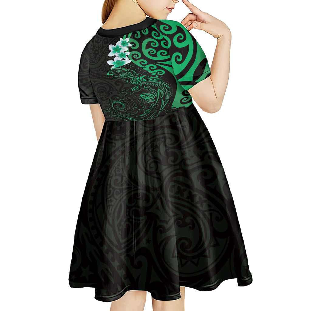 New Zealand Tuatara Plumeria Kid Short Sleeve Dress Maori Green Koru Tribal Tattoo LT01 - Polynesian Pride