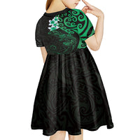 New Zealand Tuatara Plumeria Kid Short Sleeve Dress Maori Green Koru Tribal Tattoo LT01 - Polynesian Pride