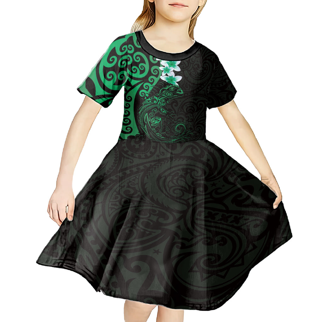 New Zealand Tuatara Plumeria Kid Short Sleeve Dress Maori Green Koru Tribal Tattoo LT01 - Polynesian Pride