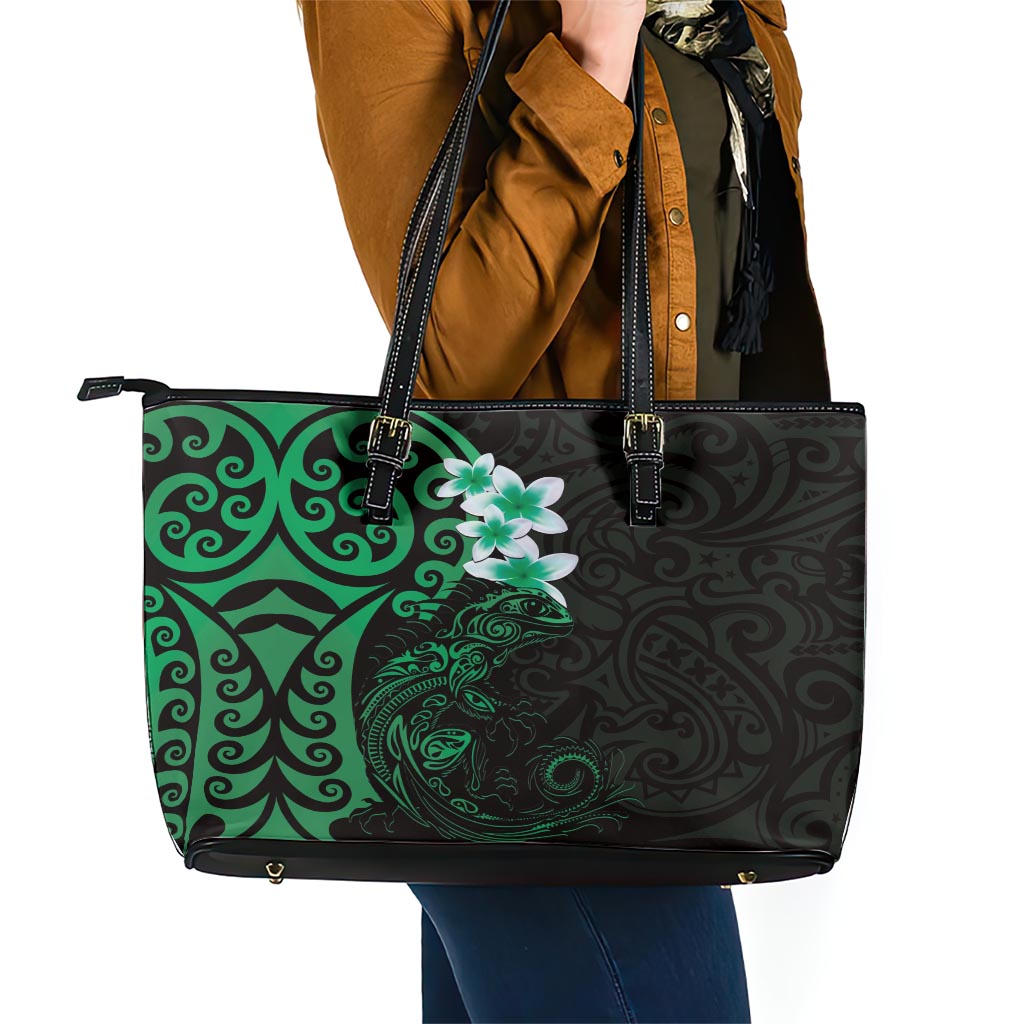 New Zealand Tuatara Plumeria Leather Tote Bag Maori Green Koru Tribal Tattoo LT01 - Polynesian Pride