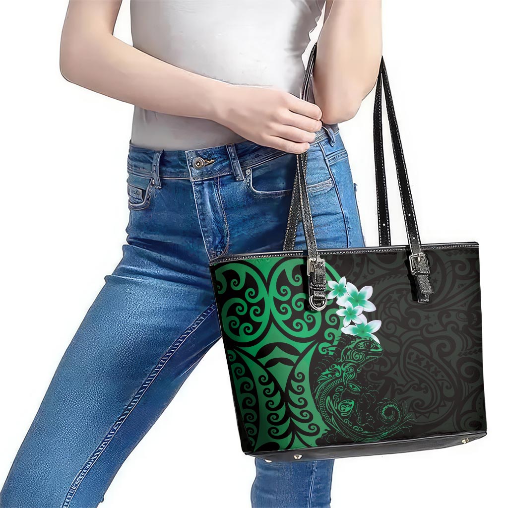 New Zealand Tuatara Plumeria Leather Tote Bag Maori Green Koru Tribal Tattoo LT01 - Polynesian Pride
